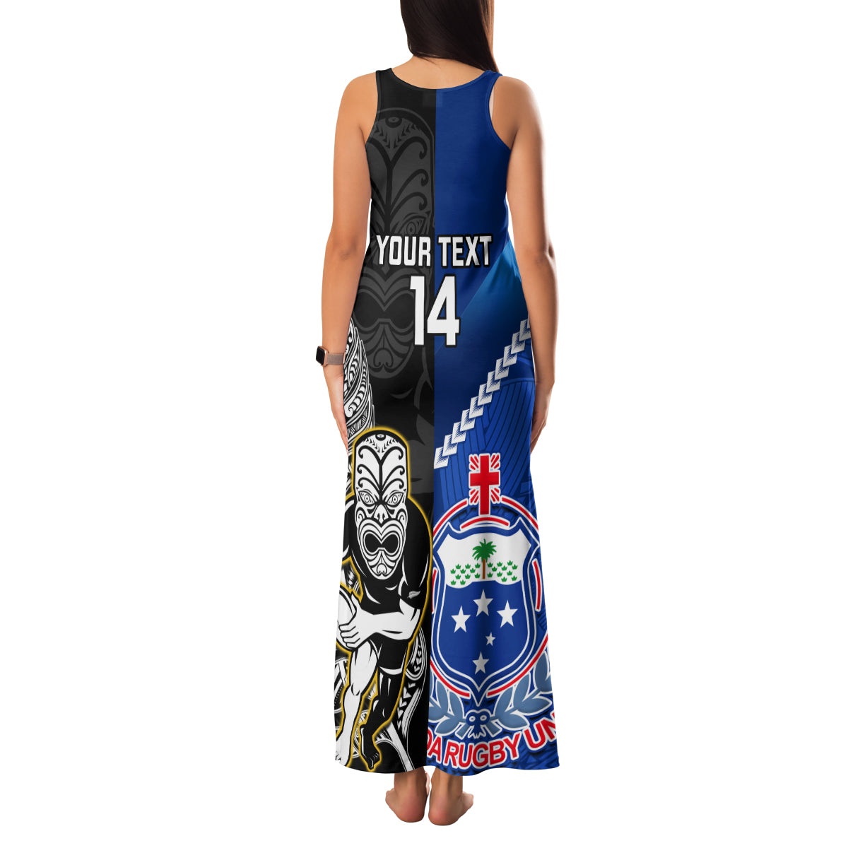 Custom New Zealand And Samoa Rugby Family Matching Tank Maxi Dress and Hawaiian Shirt All Black Tiki Fern Mix Manu Samoa 2023 World Cup LT14 - Polynesian Pride