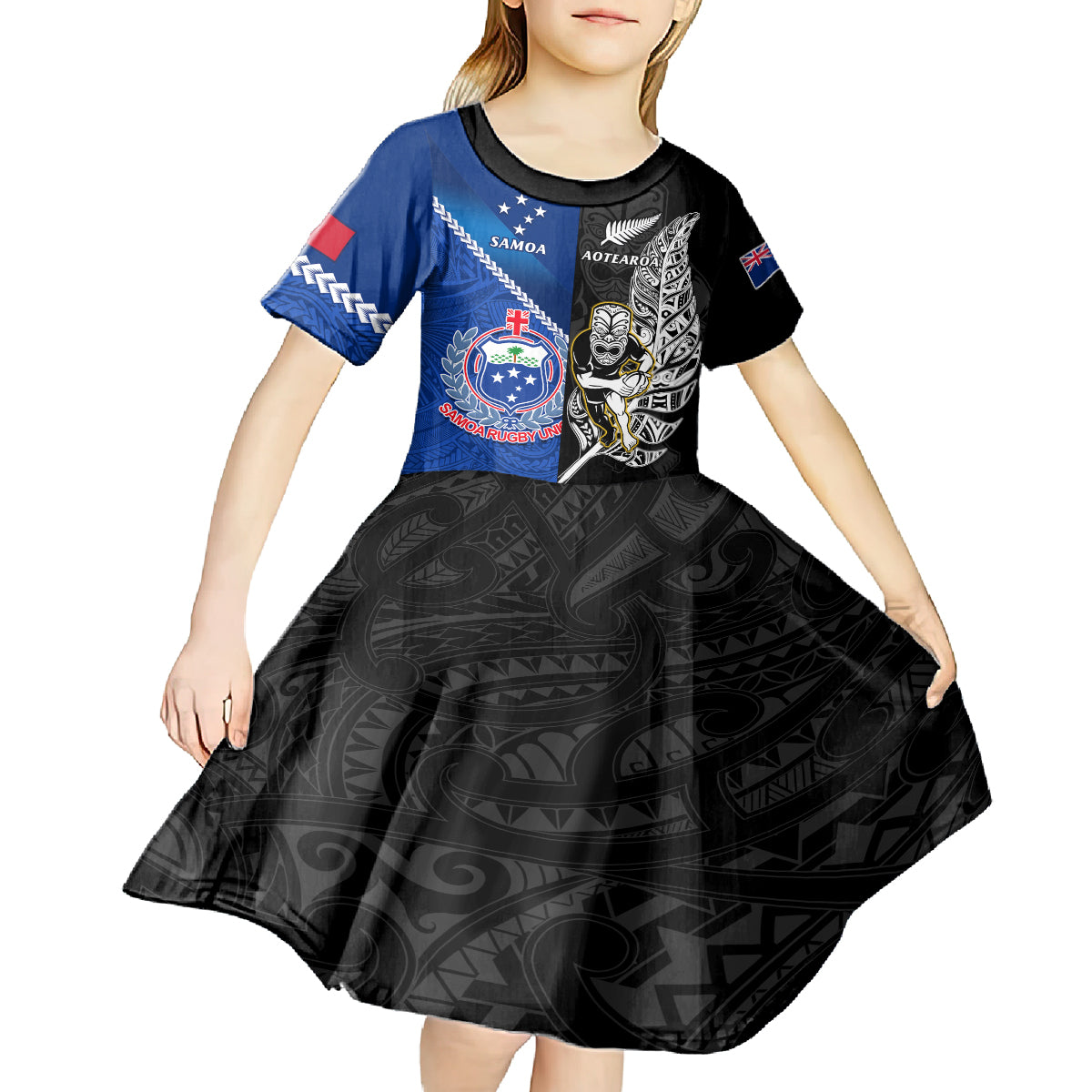 Custom New Zealand And Samoa Rugby Kid Short Sleeve Dress All Black Tiki Fern Mix Manu Samoa 2023 World Cup LT14 - Polynesian Pride