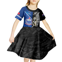 Custom New Zealand And Samoa Rugby Kid Short Sleeve Dress All Black Tiki Fern Mix Manu Samoa 2023 World Cup LT14 - Polynesian Pride