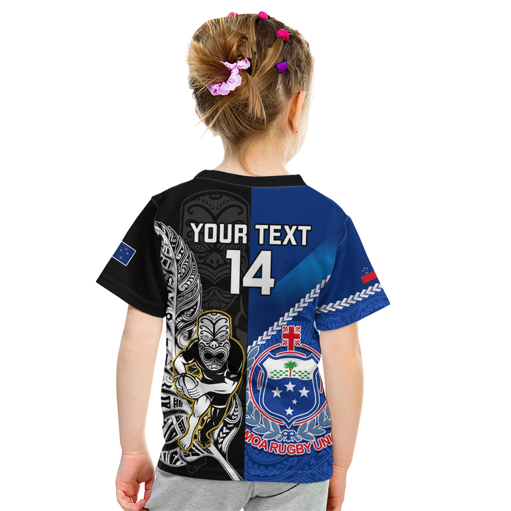 Custom New Zealand And Samoa Rugby Kid T Shirt All Black Tiki Fern Mix Manu Samoa 2023 World Cup LT14 - Polynesian Pride