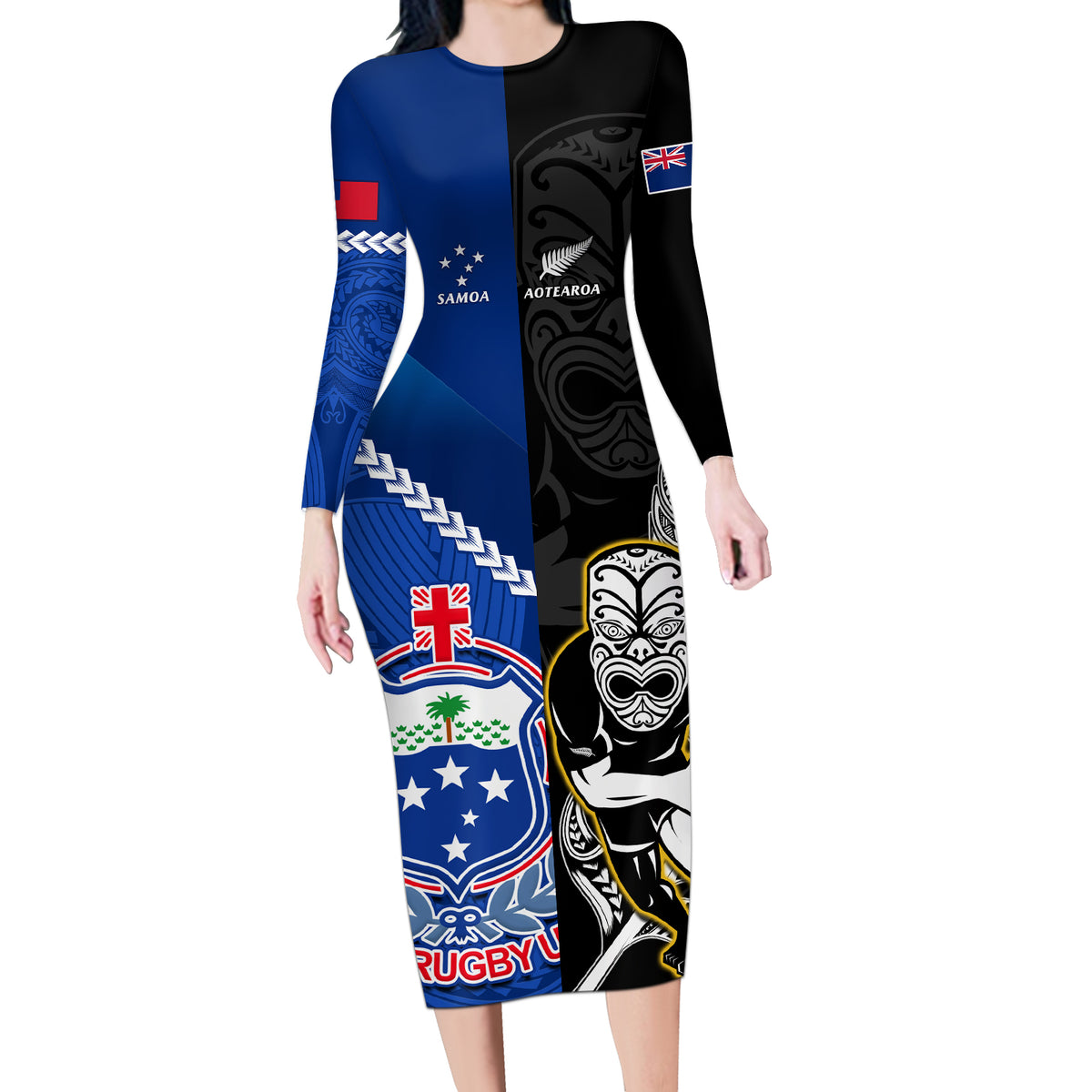 Custom New Zealand And Samoa Rugby Long Sleeve Bodycon Dress All Black Tiki Fern Mix Manu Samoa 2023 World Cup LT14 Long Dress Black - Polynesian Pride