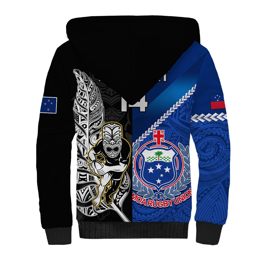 Custom New Zealand And Samoa Rugby Sherpa Hoodie All Black Tiki Fern Mix Manu Samoa 2023 World Cup LT14 - Polynesian Pride