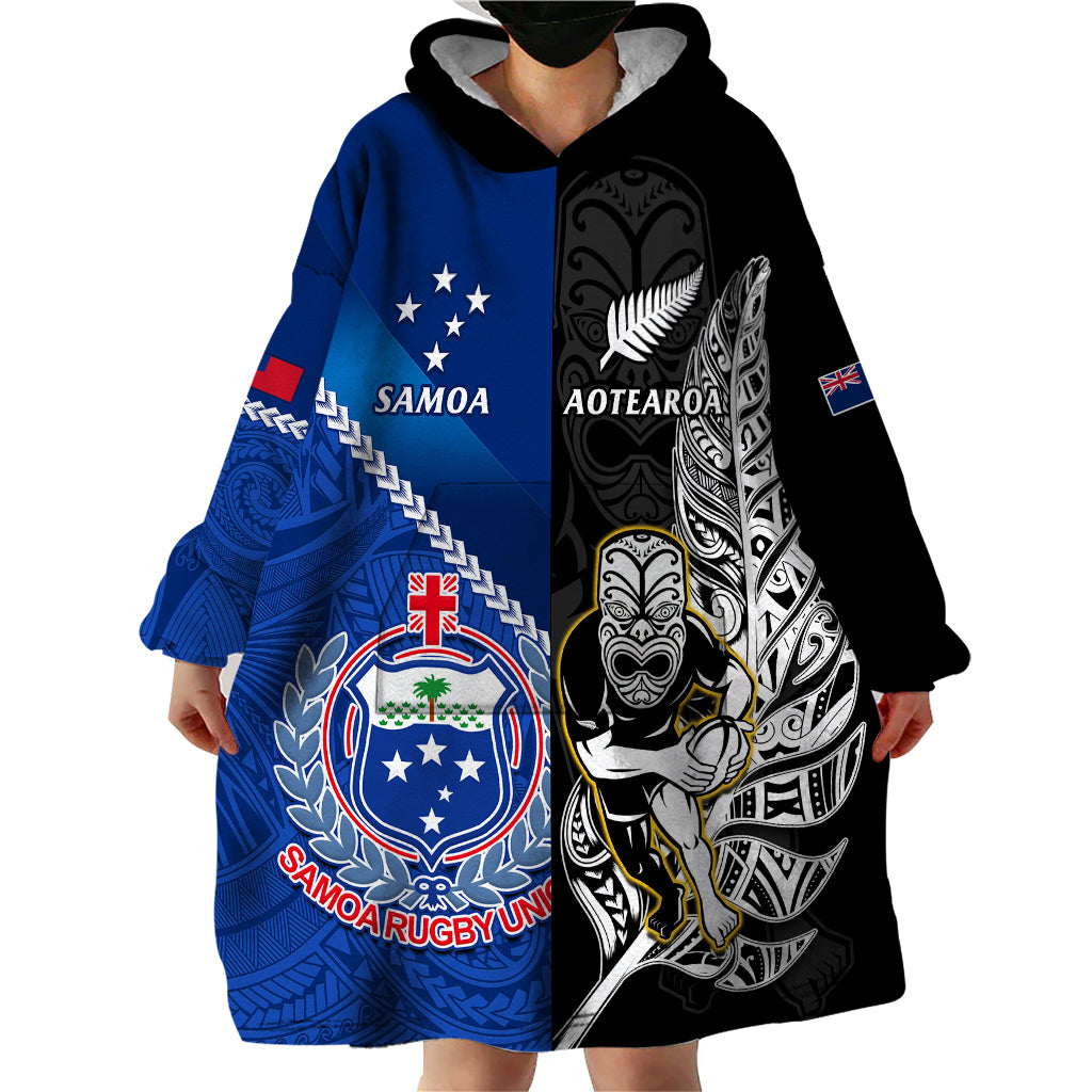 Custom New Zealand And Samoa Rugby Wearable Blanket Hoodie All Black Tiki Fern Mix Manu Samoa 2023 World Cup LT14 - Polynesian Pride