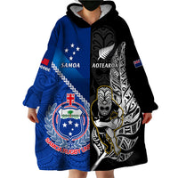 Custom New Zealand And Samoa Rugby Wearable Blanket Hoodie All Black Tiki Fern Mix Manu Samoa 2023 World Cup LT14 - Polynesian Pride