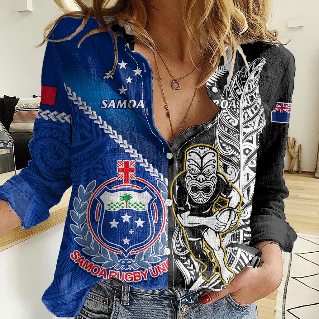 Custom New Zealand And Samoa Rugby Women Casual Shirt All Black Tiki Fern Mix Manu Samoa 2023 World Cup LT14 Female Black - Polynesian Pride