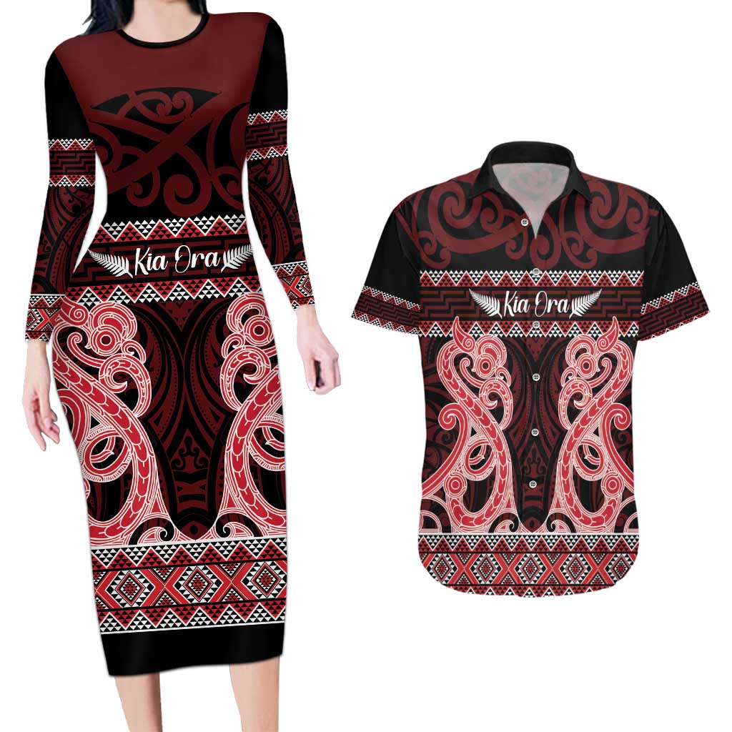 Kia Ora New Zealand Couples Matching Long Sleeve Bodycon Dress and Hawaiian Shirt Maori Language Week Whero Taniko Motif LT14 Red - Polynesian Pride