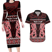 Kia Ora New Zealand Couples Matching Long Sleeve Bodycon Dress and Hawaiian Shirt Maori Language Week Whero Taniko Motif LT14 Red - Polynesian Pride