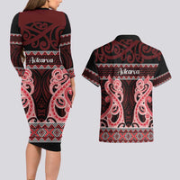 Kia Ora New Zealand Couples Matching Long Sleeve Bodycon Dress and Hawaiian Shirt Maori Language Week Whero Taniko Motif LT14 - Polynesian Pride