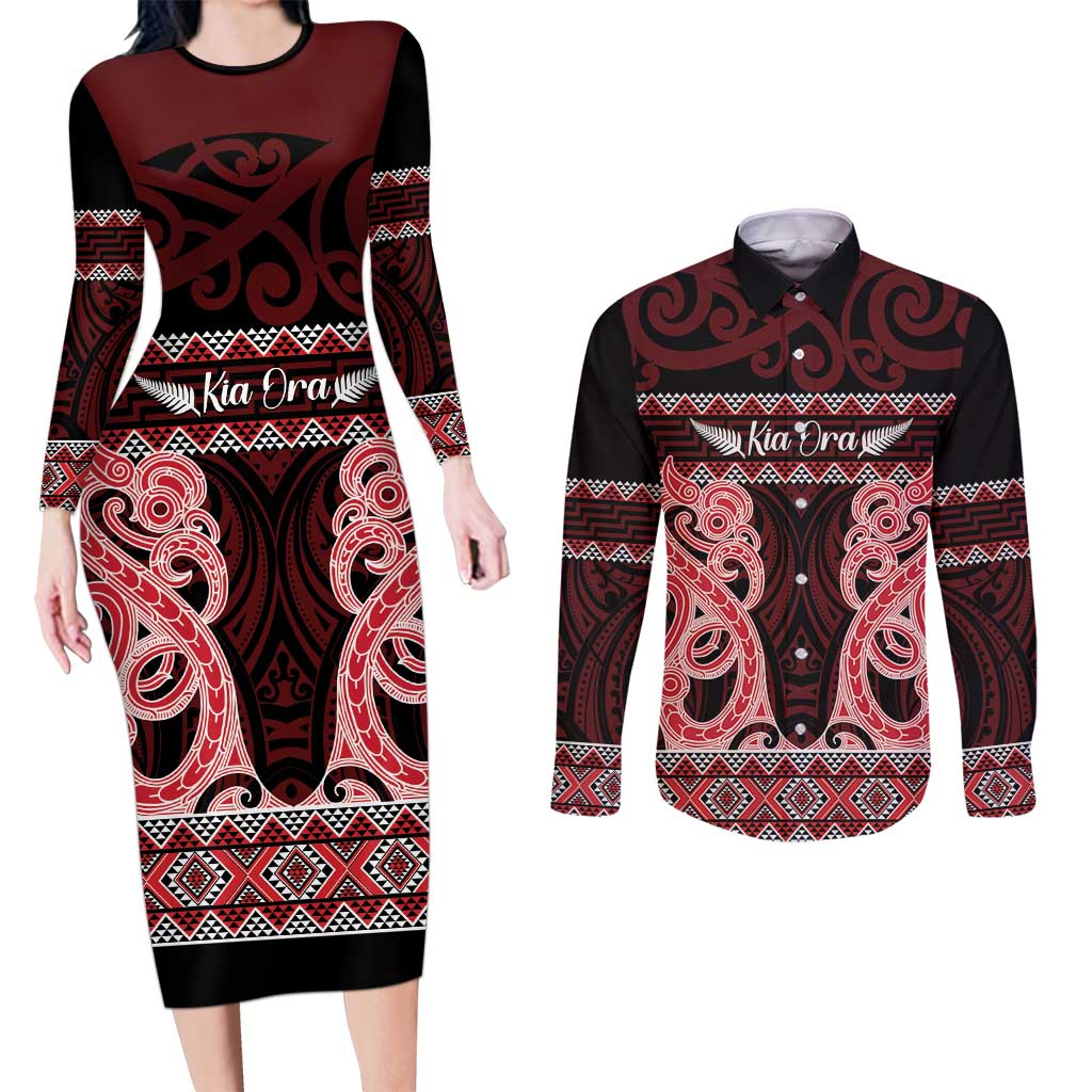 Kia Ora New Zealand Couples Matching Long Sleeve Bodycon Dress and Long Sleeve Button Shirt Maori Language Week Whero Taniko Motif LT14 Red - Polynesian Pride