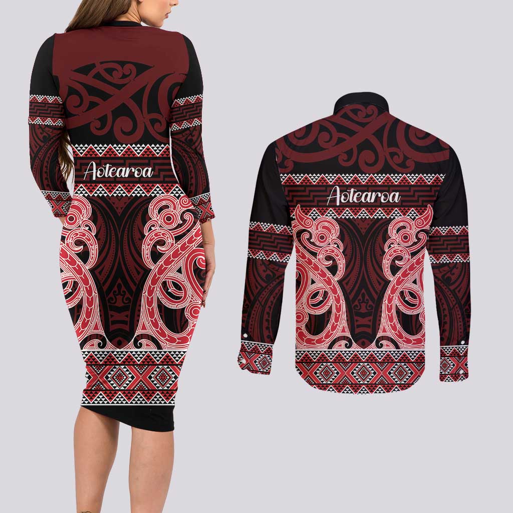 Kia Ora New Zealand Couples Matching Long Sleeve Bodycon Dress and Long Sleeve Button Shirt Maori Language Week Whero Taniko Motif LT14 - Polynesian Pride