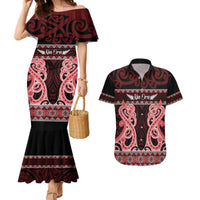 Kia Ora New Zealand Couples Matching Mermaid Dress and Hawaiian Shirt Maori Language Week Whero Taniko Motif LT14 Red - Polynesian Pride