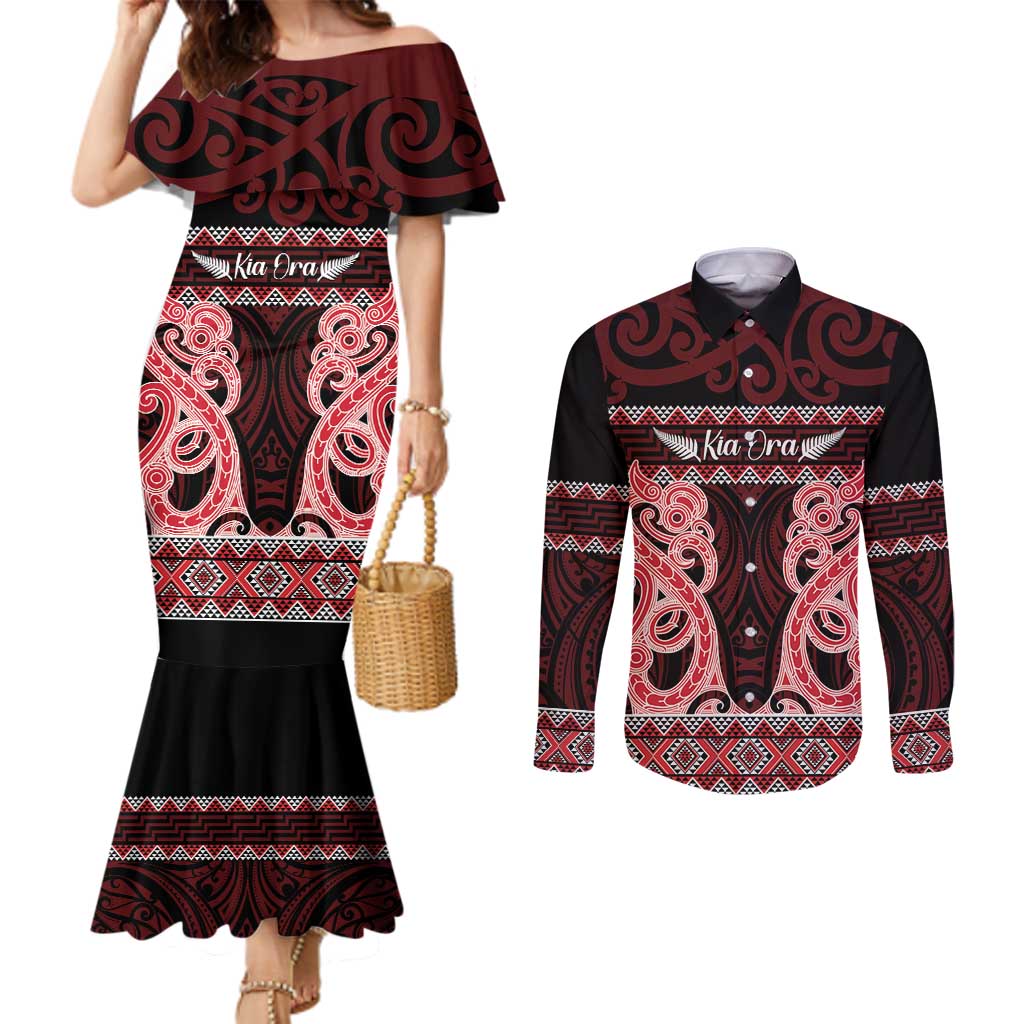 Kia Ora New Zealand Couples Matching Mermaid Dress and Long Sleeve Button Shirt Maori Language Week Whero Taniko Motif LT14 Red - Polynesian Pride