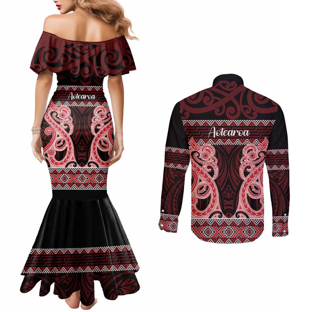 Kia Ora New Zealand Couples Matching Mermaid Dress and Long Sleeve Button Shirt Maori Language Week Whero Taniko Motif LT14 - Polynesian Pride