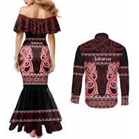 Kia Ora New Zealand Couples Matching Mermaid Dress and Long Sleeve Button Shirt Maori Language Week Whero Taniko Motif LT14 - Polynesian Pride