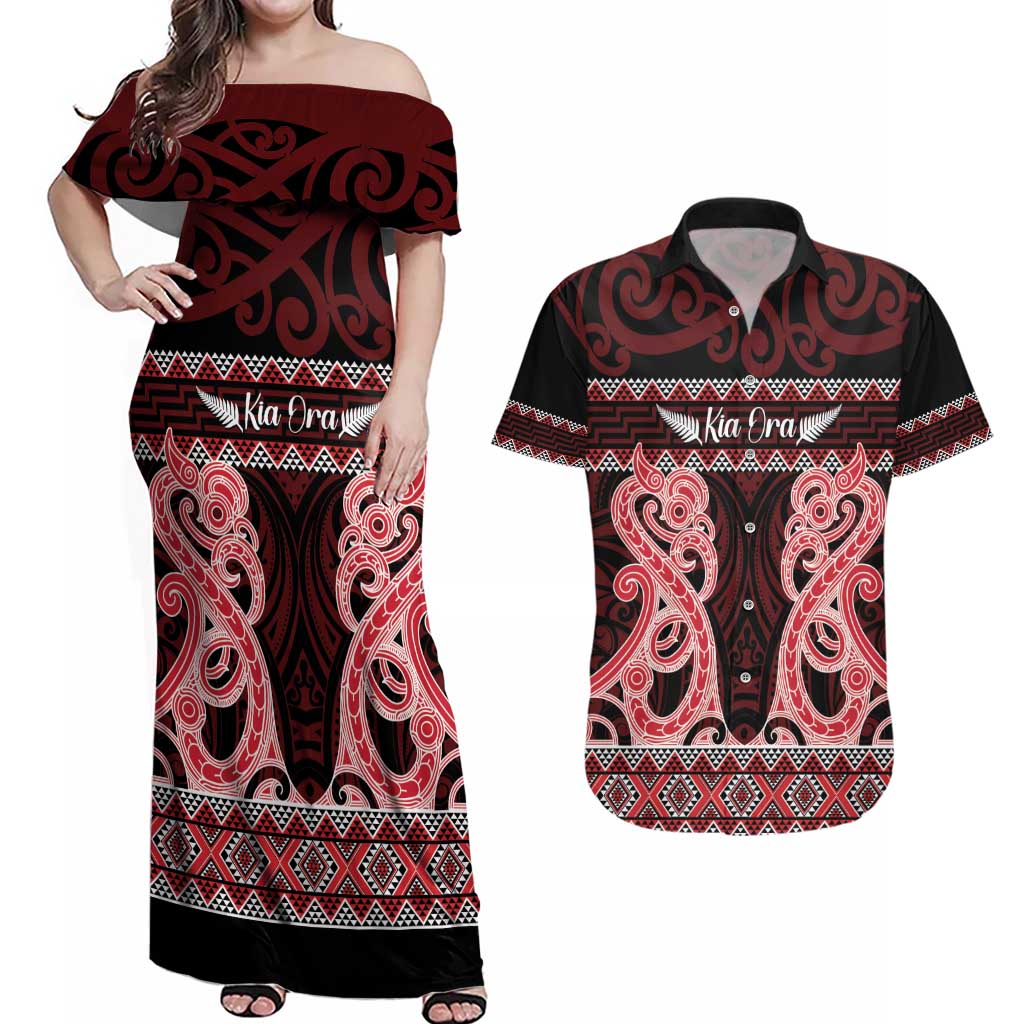 Kia Ora New Zealand Couples Matching Off Shoulder Maxi Dress and Hawaiian Shirt Maori Language Week Whero Taniko Motif LT14 Red - Polynesian Pride