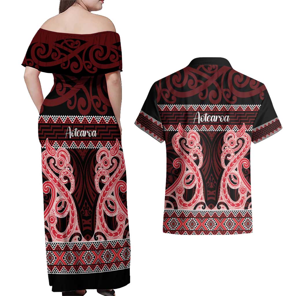Kia Ora New Zealand Couples Matching Off Shoulder Maxi Dress and Hawaiian Shirt Maori Language Week Whero Taniko Motif LT14 - Polynesian Pride