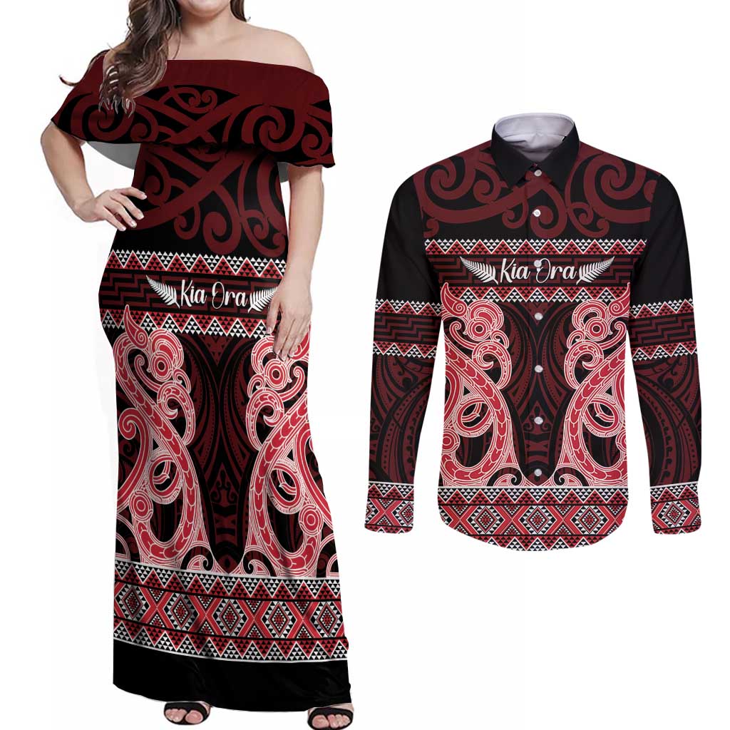 Kia Ora New Zealand Couples Matching Off Shoulder Maxi Dress and Long Sleeve Button Shirt Maori Language Week Whero Taniko Motif LT14 Red - Polynesian Pride