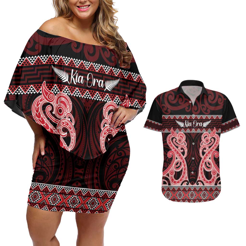 Kia Ora New Zealand Couples Matching Off Shoulder Short Dress and Hawaiian Shirt Maori Language Week Whero Taniko Motif LT14 Red - Polynesian Pride