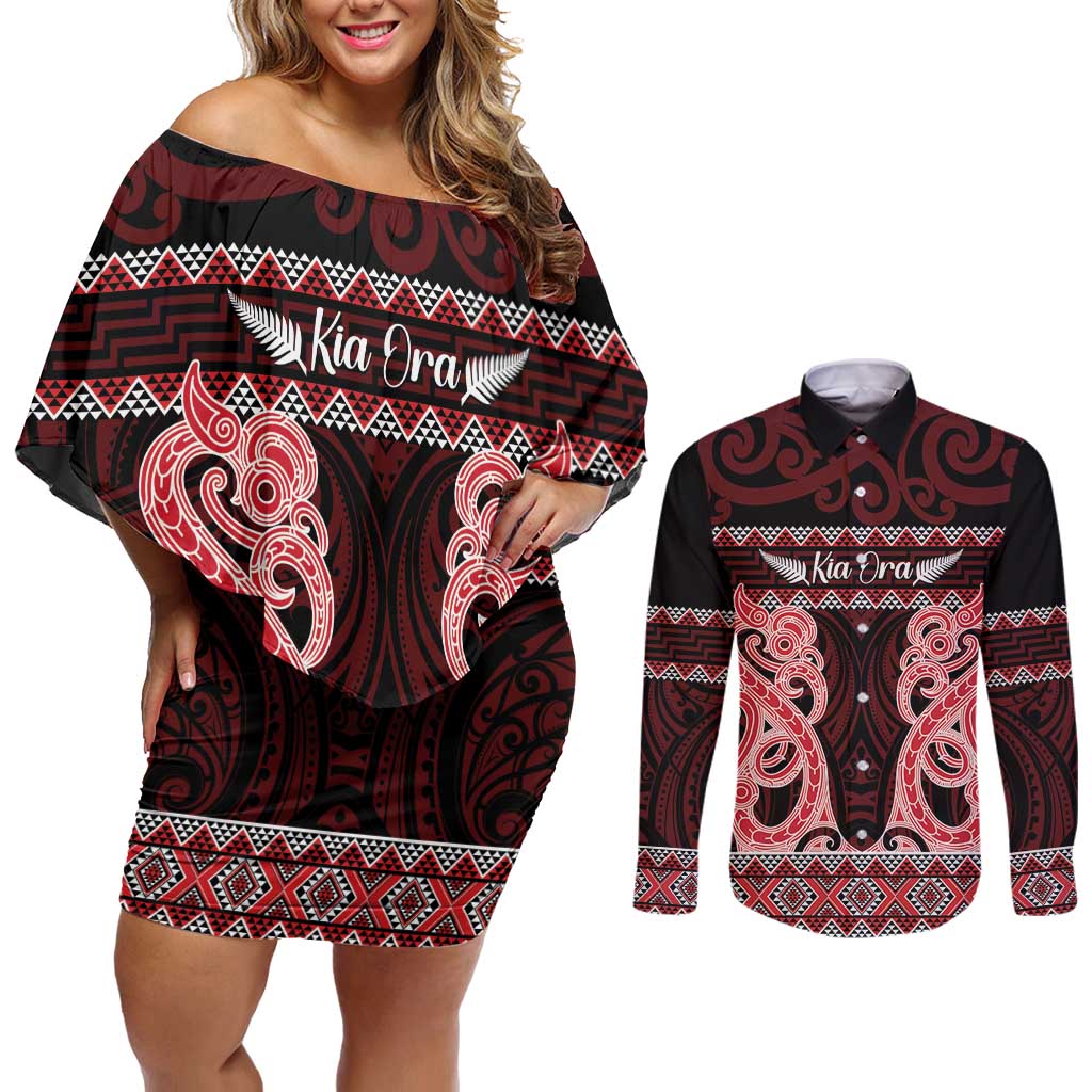 Kia Ora New Zealand Couples Matching Off Shoulder Short Dress and Long Sleeve Button Shirt Maori Language Week Whero Taniko Motif - Polynesian Pride