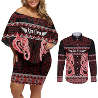 Kia Ora New Zealand Couples Matching Off Shoulder Short Dress and Long Sleeve Button Shirt Maori Language Week Whero Taniko Motif LT14 Red - Polynesian Pride