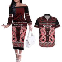 Kia Ora New Zealand Couples Matching Off The Shoulder Long Sleeve Dress and Hawaiian Shirt Maori Language Week Whero Taniko Motif LT14 Red - Polynesian Pride