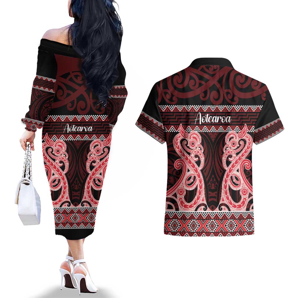 Kia Ora New Zealand Couples Matching Off The Shoulder Long Sleeve Dress and Hawaiian Shirt Maori Language Week Whero Taniko Motif LT14 - Polynesian Pride