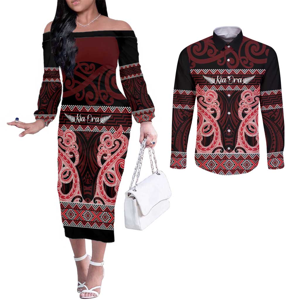 Kia Ora New Zealand Couples Matching Off The Shoulder Long Sleeve Dress and Long Sleeve Button Shirt Maori Language Week Whero Taniko Motif - Polynesian Pride