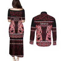 Kia Ora New Zealand Couples Matching Puletasi and Long Sleeve Button Shirt Maori Language Week Whero Taniko Motif - Polynesian Pride