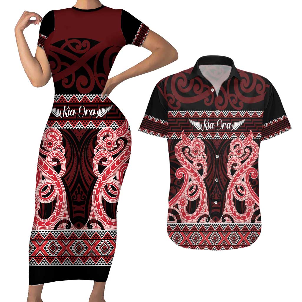 Kia Ora New Zealand Couples Matching Short Sleeve Bodycon Dress and Hawaiian Shirt Maori Language Week Whero Taniko Motif LT14 Red - Polynesian Pride