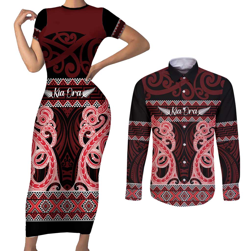 Kia Ora New Zealand Couples Matching Short Sleeve Bodycon Dress and Long Sleeve Button Shirt Maori Language Week Whero Taniko Motif LT14 Red - Polynesian Pride