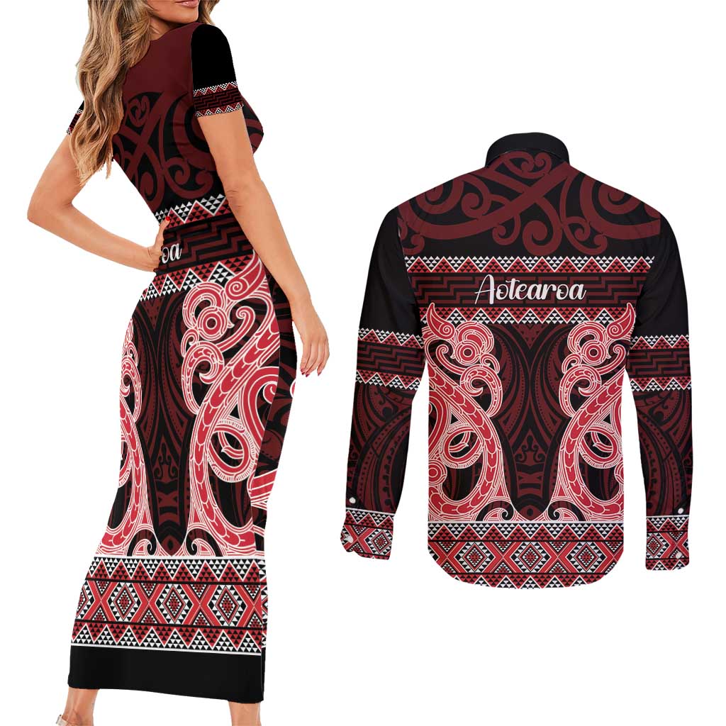 Kia Ora New Zealand Couples Matching Short Sleeve Bodycon Dress and Long Sleeve Button Shirt Maori Language Week Whero Taniko Motif LT14 - Polynesian Pride