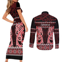 Kia Ora New Zealand Couples Matching Short Sleeve Bodycon Dress and Long Sleeve Button Shirt Maori Language Week Whero Taniko Motif LT14 - Polynesian Pride