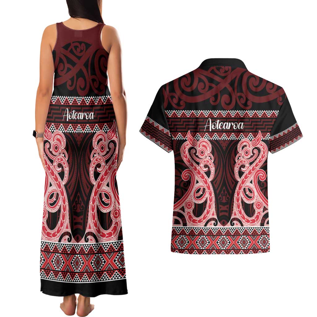 Kia Ora New Zealand Couples Matching Tank Maxi Dress and Hawaiian Shirt Maori Language Week Whero Taniko Motif LT14 - Polynesian Pride