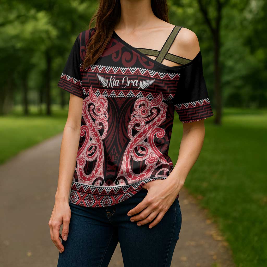 Kia Ora New Zealand Cross Shoulder Shirt Maori Language Week Whero Taniko Motif - Polynesian Pride