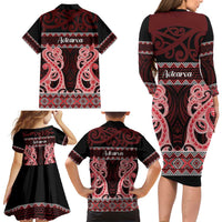 Kia Ora New Zealand Family Matching Long Sleeve Bodycon Dress and Hawaiian Shirt Maori Language Week Whero Taniko Motif LT14 - Polynesian Pride