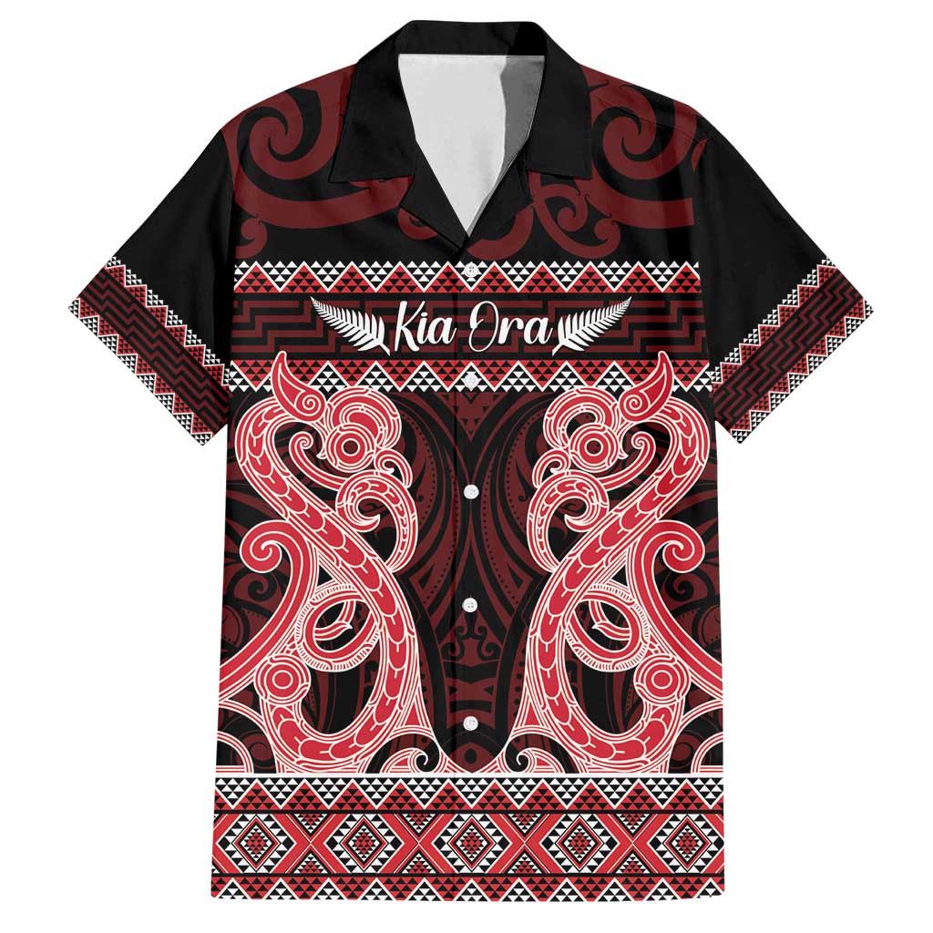 Kia Ora New Zealand Family Matching Long Sleeve Bodycon Dress and Hawaiian Shirt Maori Language Week Whero Taniko Motif LT14 Dad's Shirt - Short Sleeve Red - Polynesian Pride