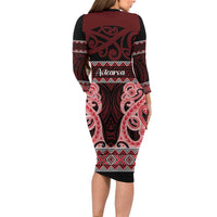 Kia Ora New Zealand Family Matching Long Sleeve Bodycon Dress and Hawaiian Shirt Maori Language Week Whero Taniko Motif LT14 - Polynesian Pride