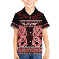Kia Ora New Zealand Family Matching Long Sleeve Bodycon Dress and Hawaiian Shirt Maori Language Week Whero Taniko Motif LT14 Son's Shirt Red - Polynesian Pride