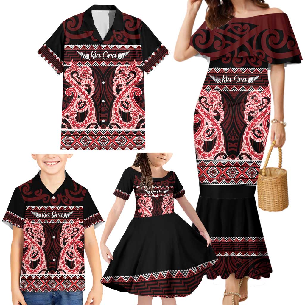 Kia Ora New Zealand Family Matching Mermaid Dress and Hawaiian Shirt Maori Language Week Whero Taniko Motif LT14 - Polynesian Pride