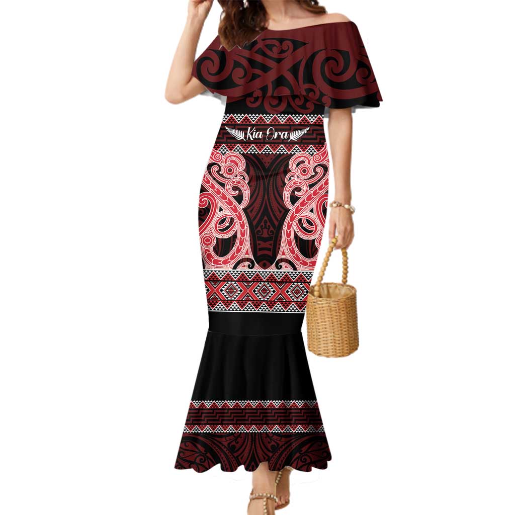 Kia Ora New Zealand Family Matching Mermaid Dress and Hawaiian Shirt Maori Language Week Whero Taniko Motif LT14 Mom's Dress Red - Polynesian Pride