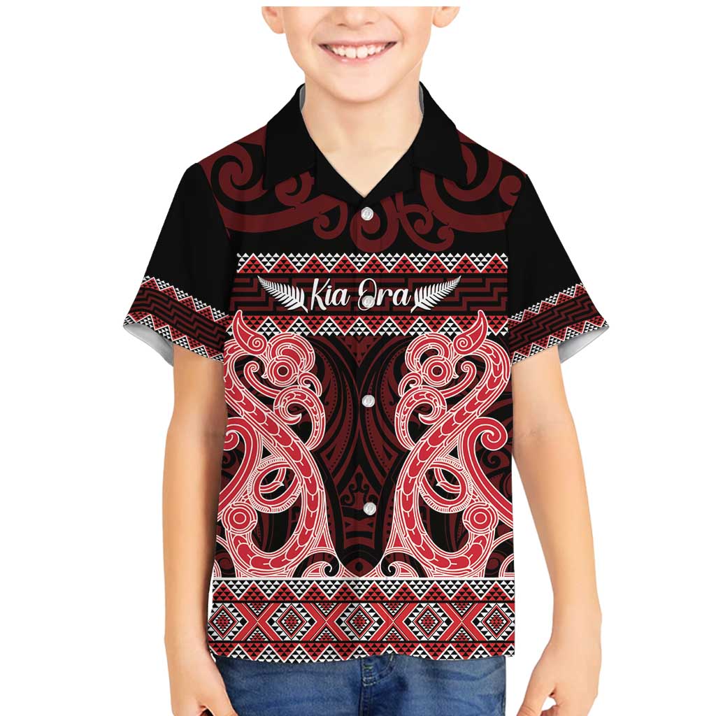 Kia Ora New Zealand Family Matching Mermaid Dress and Hawaiian Shirt Maori Language Week Whero Taniko Motif LT14 Son's Shirt Red - Polynesian Pride