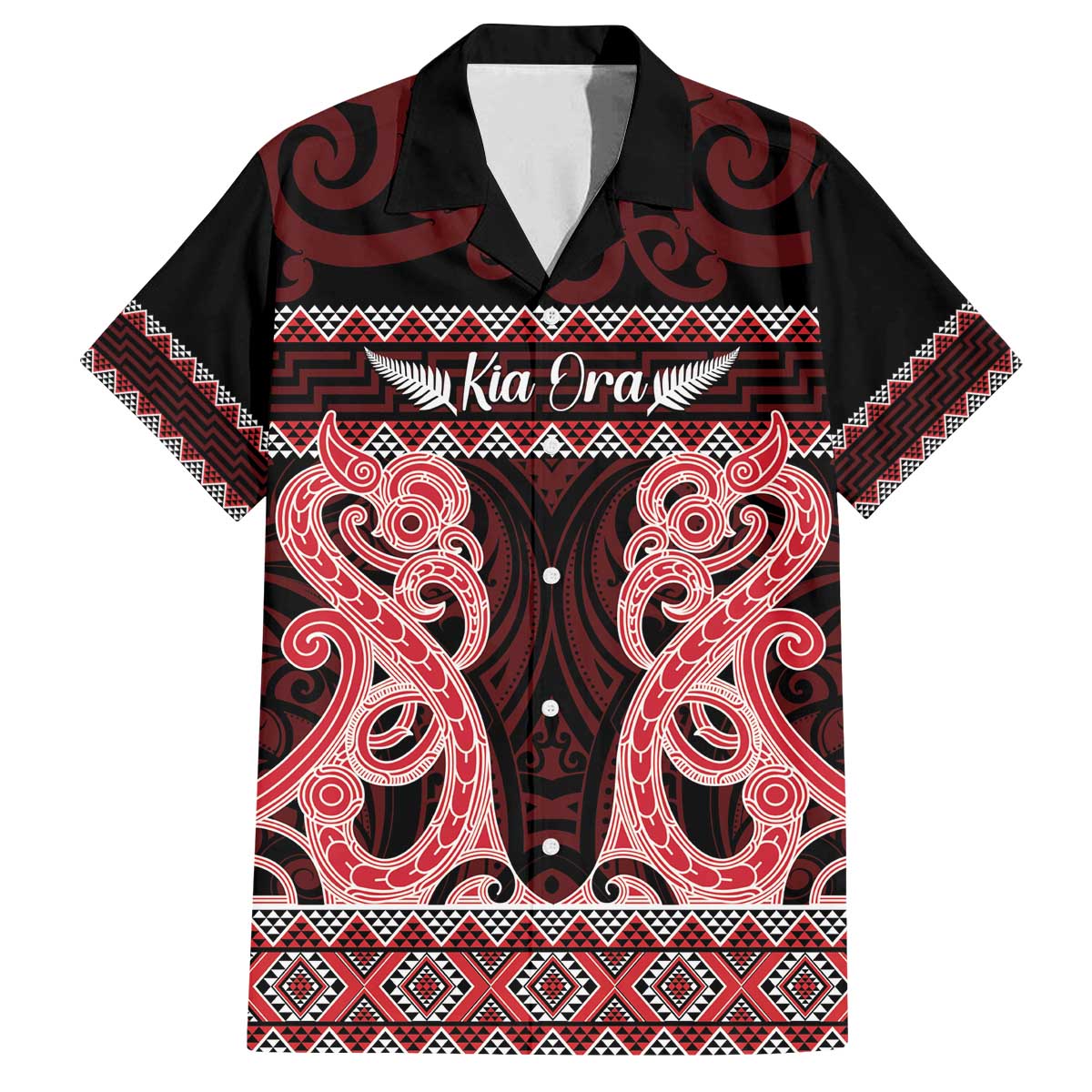 Kia Ora New Zealand Family Matching Off The Shoulder Long Sleeve Dress and Hawaiian Shirt Maori Language Week Whero Taniko Motif LT14 Dad's Shirt - Short Sleeve Red - Polynesian Pride
