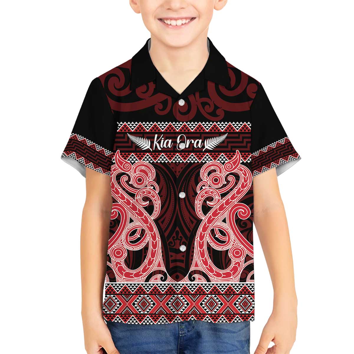 Kia Ora New Zealand Family Matching Off The Shoulder Long Sleeve Dress and Hawaiian Shirt Maori Language Week Whero Taniko Motif LT14 Son's Shirt Red - Polynesian Pride