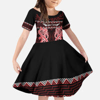 Kia Ora New Zealand Family Matching Off Shoulder Maxi Dress and Hawaiian Shirt Maori Language Week Whero Taniko Motif LT14 Daughter's Dress Red - Polynesian Pride