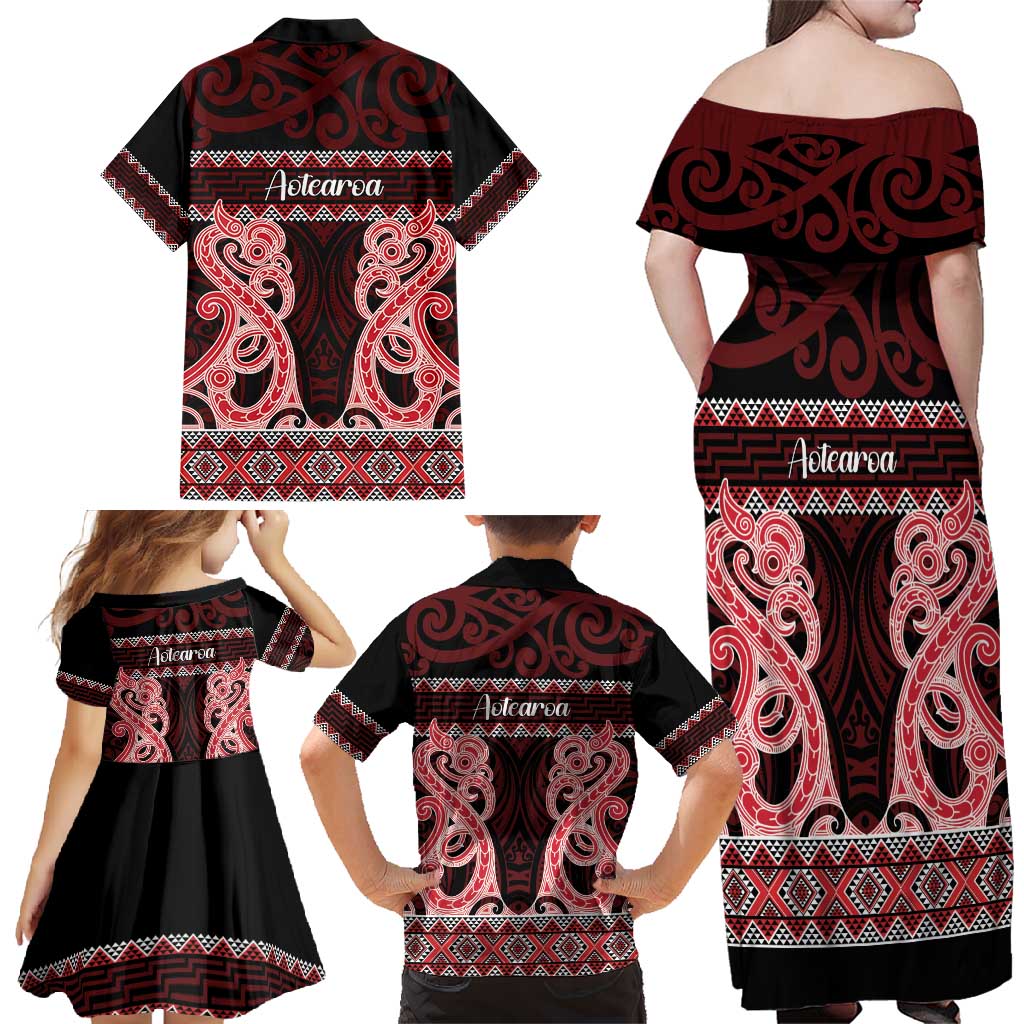 Kia Ora New Zealand Family Matching Off Shoulder Maxi Dress and Hawaiian Shirt Maori Language Week Whero Taniko Motif LT14 - Polynesian Pride