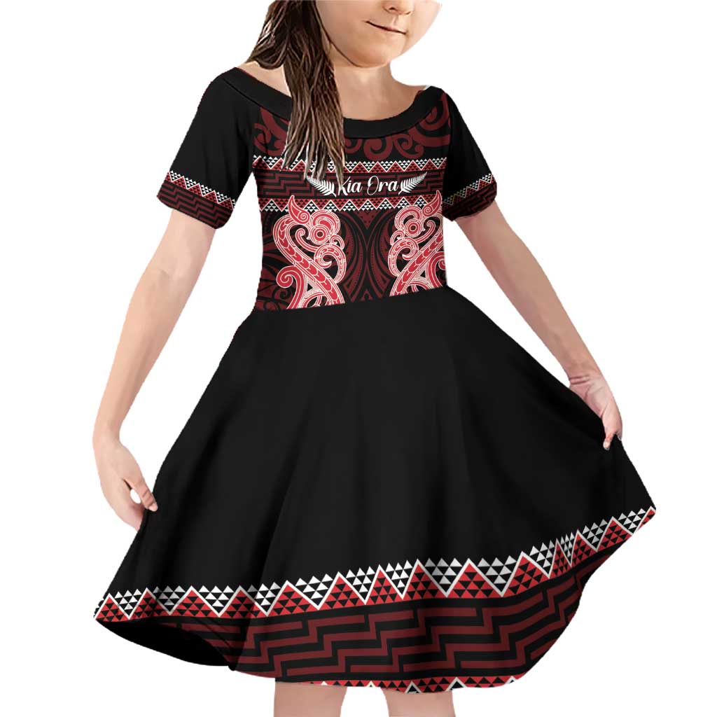 Kia Ora New Zealand Family Matching Off Shoulder Short Dress and Hawaiian Shirt Maori Language Week Whero Taniko Motif LT14 Daughter's Dress Red - Polynesian Pride