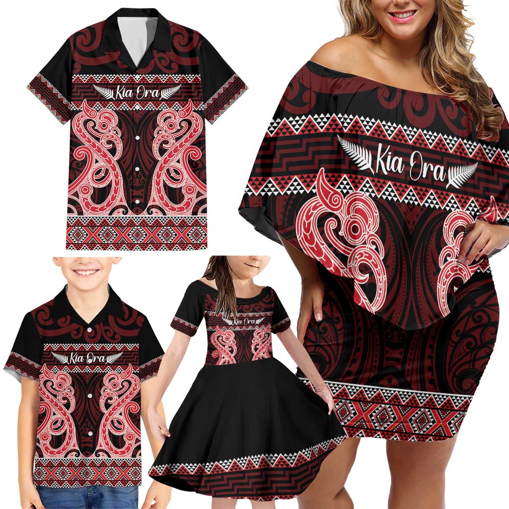 Kia Ora New Zealand Family Matching Off Shoulder Short Dress and Hawaiian Shirt Maori Language Week Whero Taniko Motif LT14 - Polynesian Pride
