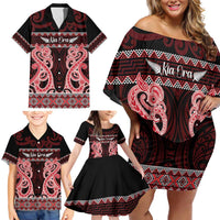 Kia Ora New Zealand Family Matching Off Shoulder Short Dress and Hawaiian Shirt Maori Language Week Whero Taniko Motif LT14 - Polynesian Pride
