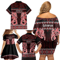 Kia Ora New Zealand Family Matching Off Shoulder Short Dress and Hawaiian Shirt Maori Language Week Whero Taniko Motif LT14 - Polynesian Pride