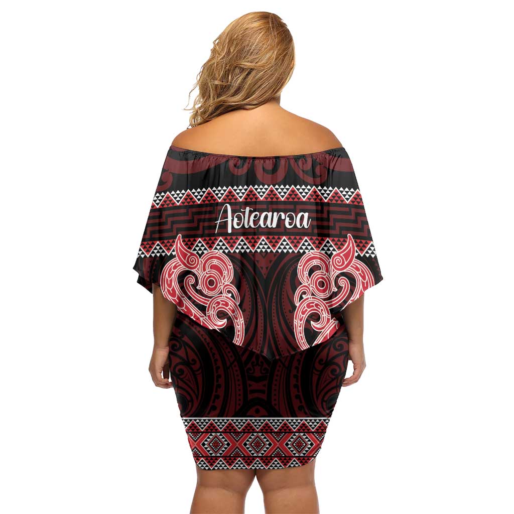 Kia Ora New Zealand Family Matching Off Shoulder Short Dress and Hawaiian Shirt Maori Language Week Whero Taniko Motif LT14 - Polynesian Pride
